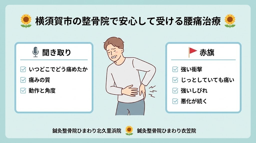 横須賀市 腰痛治療 安心の確認 横須賀市の鍼灸整骨院ひまわり北久里浜院と鍼灸整骨院ひまわり衣笠院 安心して受ける腰痛治療 初期評価と赤旗のチェック