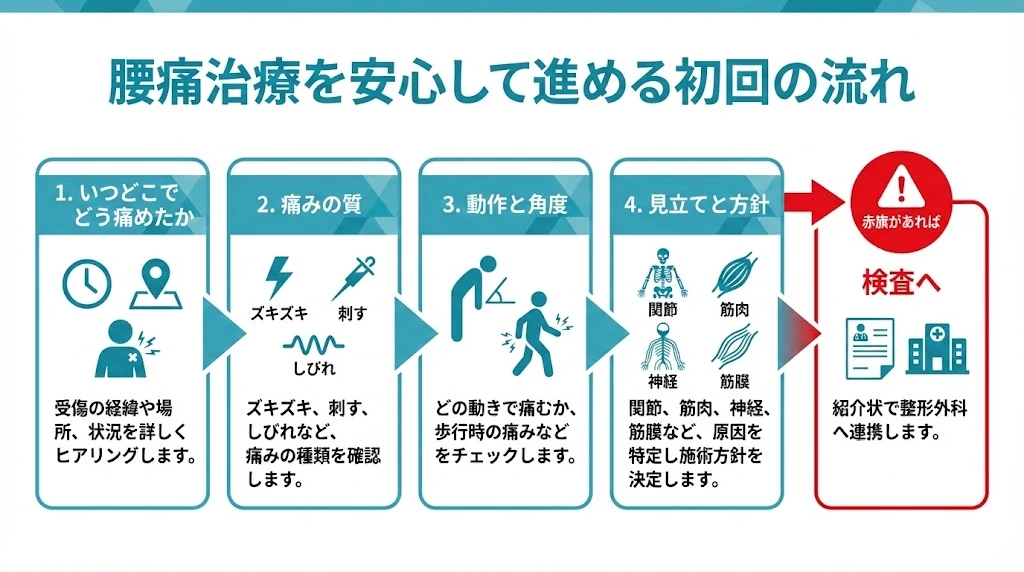 腰痛治療 初回の流れ 横須賀市 鍼灸整骨院ひまわり北久里浜院と鍼灸整骨院ひまわり衣笠院 腰痛治療の安心ポイント 初回の流れと検査への導線