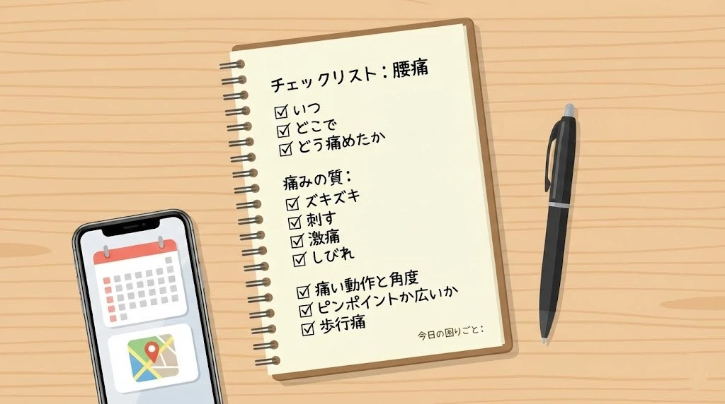 腰痛チェックメモ 腰痛の聞き取りメモ いつどこでどう痛めたか 動作と角度 歩行痛 痛みの質を整理 横須賀市 鍼灸整骨院ひまわり