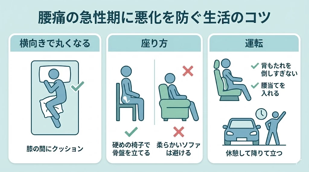 腰痛の過ごし方 腰痛の生活指導 横向き寝 膝クッション 硬めの椅子 腰当て 休憩の取り方 横須賀市 鍼灸整骨院ひまわり北久里浜院 鍼灸整骨院ひまわり衣笠院