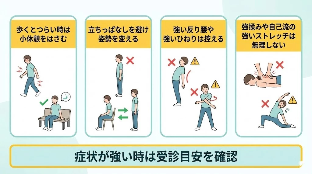 脊柱管狭窄症の自宅ケアの目安と避けたい行動をまとめた図解 横須賀市