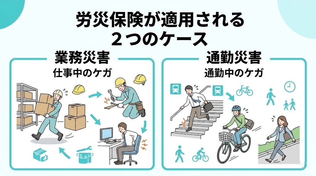労災保険が適用される業務災害と通勤災害の2つのケースを示した文字入り画像