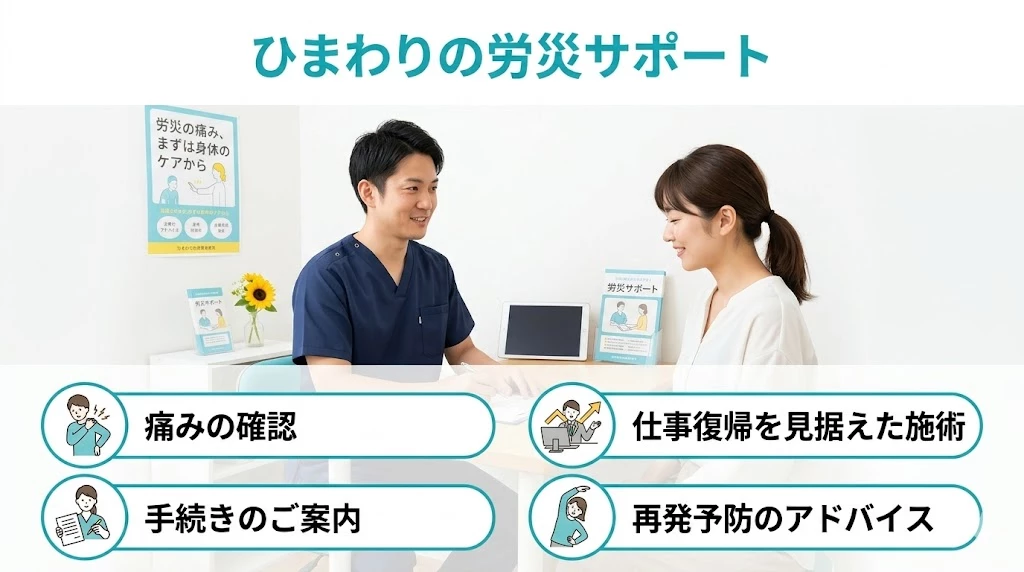 鍼灸整骨院ひまわりの労災保険サポート内容を示した文字入り説明画像