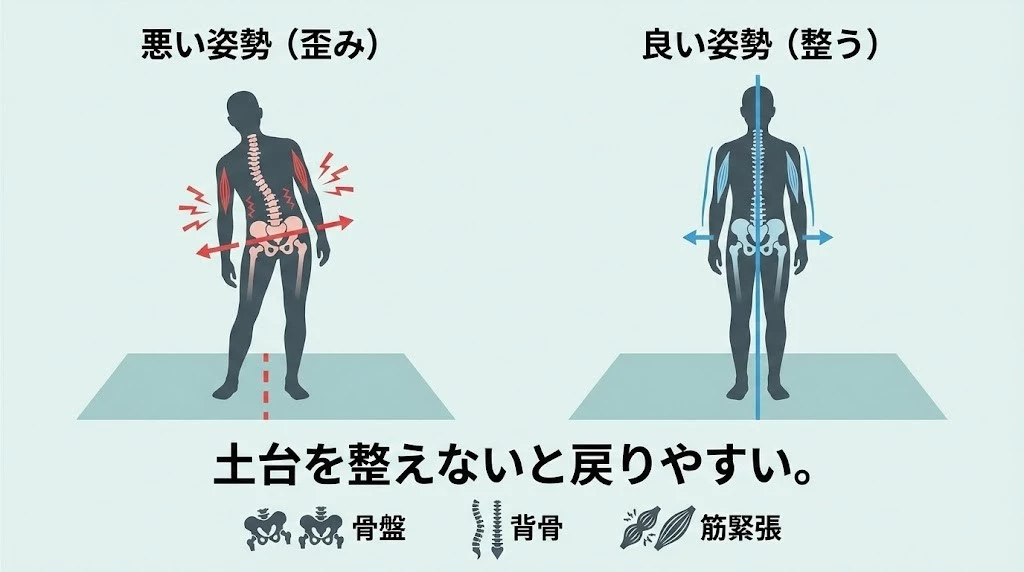 姿勢と骨盤のチェック 腰痛の姿勢バランスチェック 体の傾き 骨盤の傾き 中心バランス不良を整えるイメージ 横須賀市 鍼灸整骨院ひまわり
