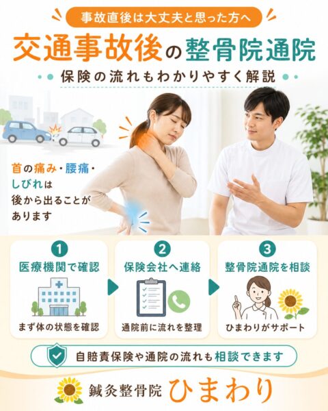 横須賀市で交通事故後の整骨院通院や保険会社への連絡、自賠責保険の流れを相談する方へ向けた鍼灸整骨院ひまわりのアイキャッチ画像