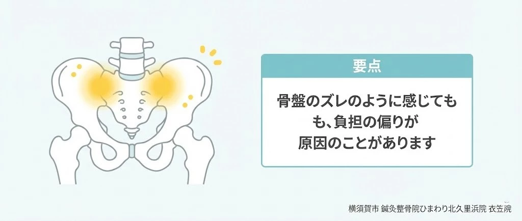 仙腸関節痛は骨盤のつなぎ目の負担が関係することがあると分かる図解ヒーロー画像 横須賀市