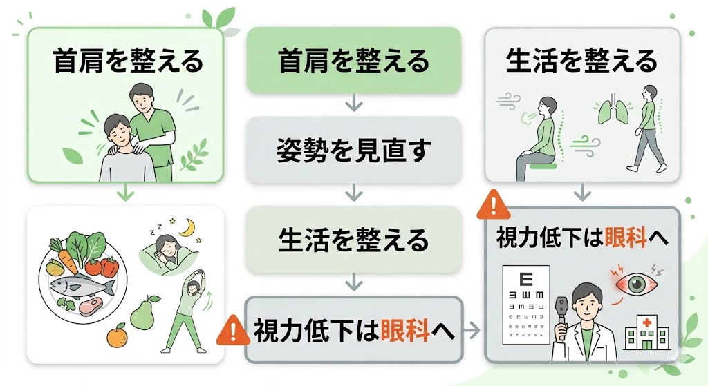 眼精疲労ケアの流れ 眼精疲労ケアの流れと受診の目安を示した図