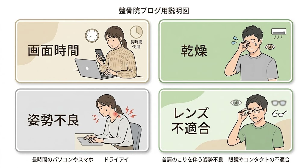 眼精疲労の主な原因 眼精疲労の主な原因と関連症状を示した図