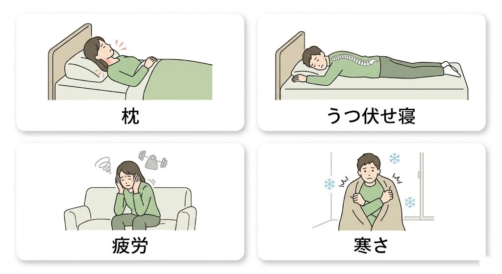 寝違えの原因と起こりやすい場面を示した図