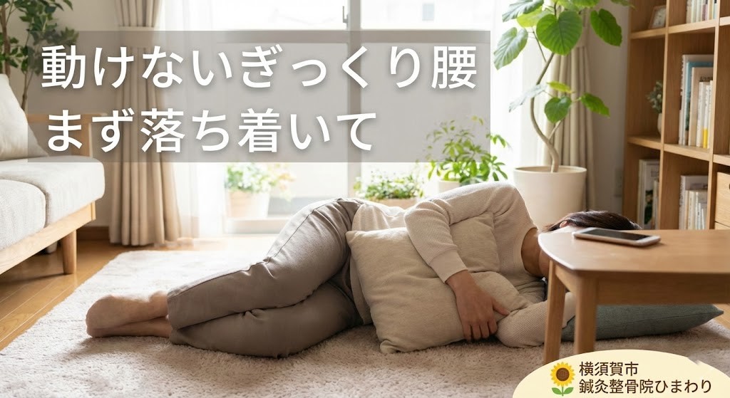 横須賀市の動けないぎっくり腰の早期改善を解説する記事のアイキャッチ画像 鍼灸整骨院ひまわり北久里浜院 鍼灸整骨院ひまわり衣笠院