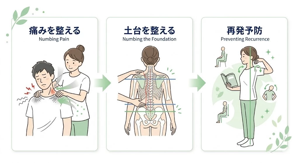 ストレートネック改善の流れ ストレートネック改善の流れを示した図