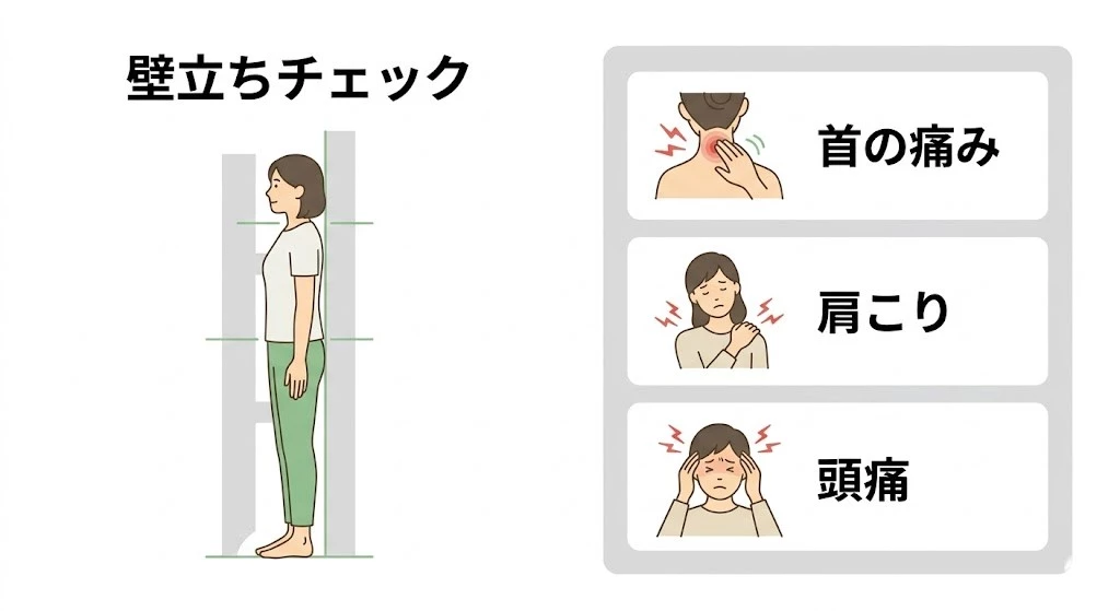 ストレートネックセルフチェック ストレートネックのセルフチェックと特徴を示した図
