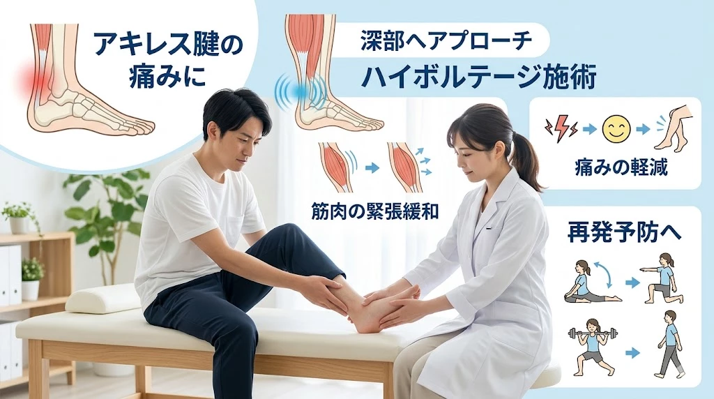 横須賀市でアキレス腱炎に対するハイボルテージ施術の特徴を伝えるヒーロー画像