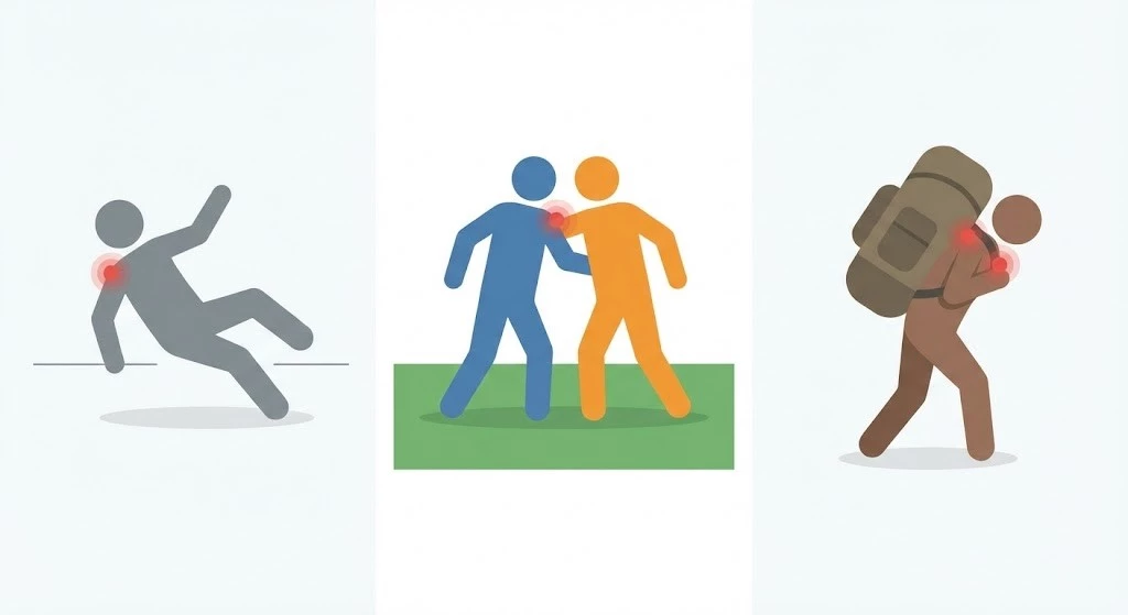 肩鎖関節損傷の原因例、転倒、接触、重いリュックで肩の上側に負担