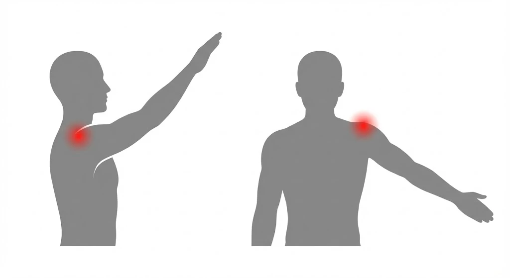 肩鎖関節損傷で痛みが出やすい動作、腕の挙上と水平外転で肩の上側が痛む図