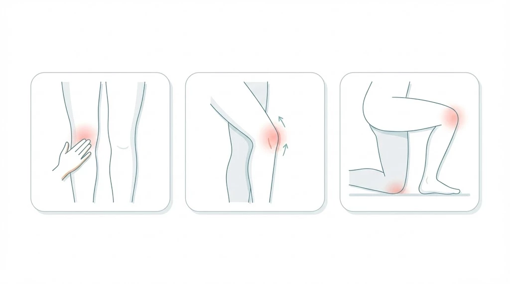 膝蓋下脂肪体炎のセルフチェック例、触れる位置と伸展、膝立ちでの誘発を示す図