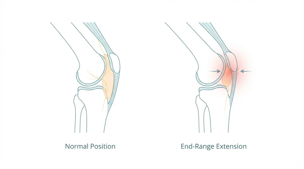 膝蓋下脂肪体炎の仕組み、膝の終末伸展で脂肪体が挟み込まれる図