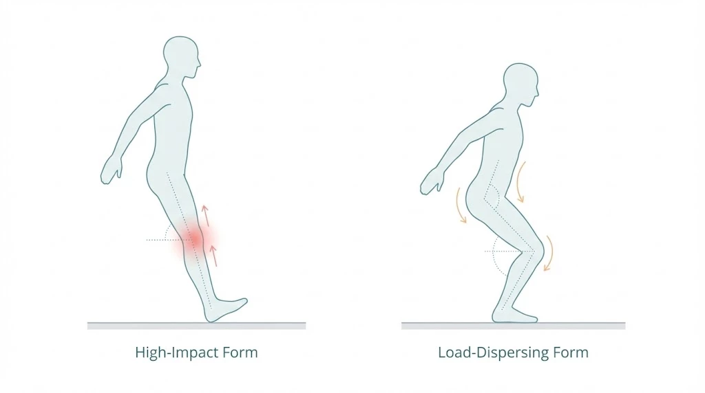 着地で膝に衝撃が集中するフォームと負担を分散するフォームの比較図