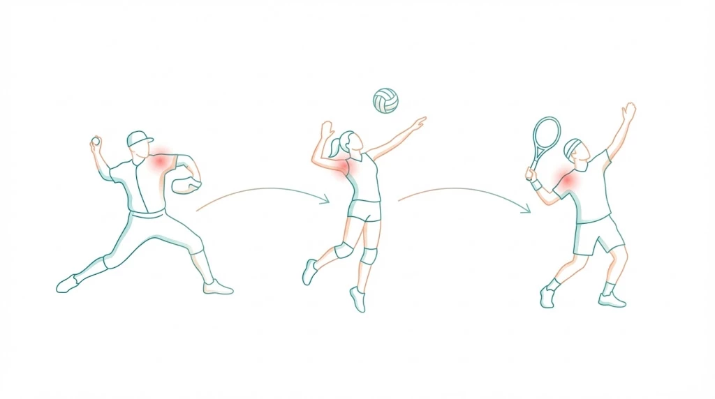 野球の投球、バレーボールのスパイク、テニスのサーブなどオーバーヘッド動作で肩に負担がかかるイメージ図