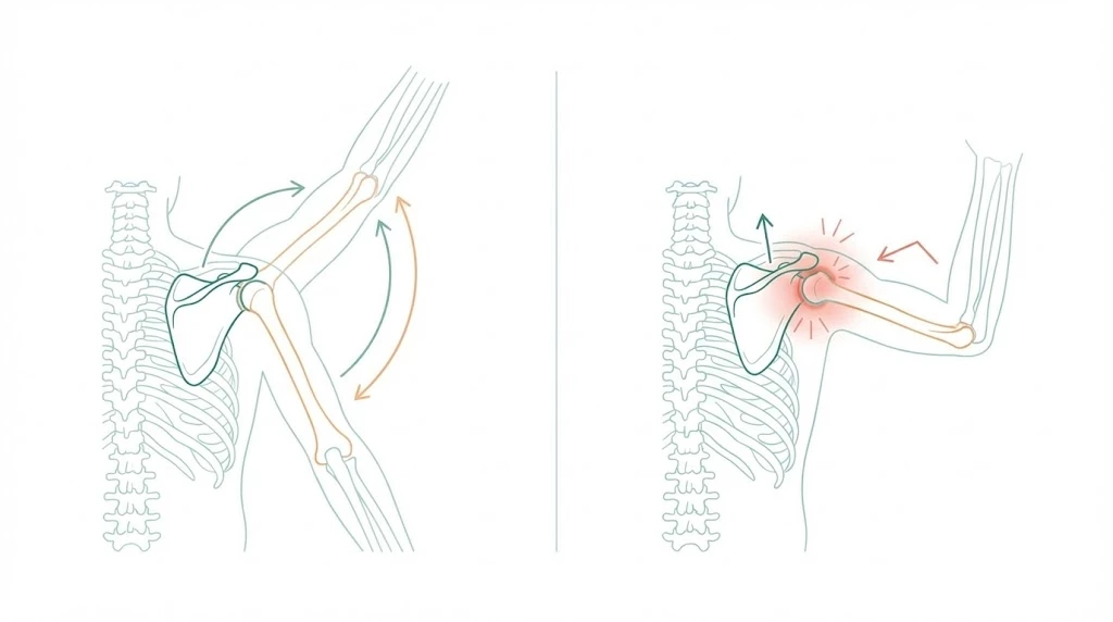 肩甲上腕リズムが正常な場合と破綻した場合を比較し、肩前方に負担が集中しやすい状態を示す図解