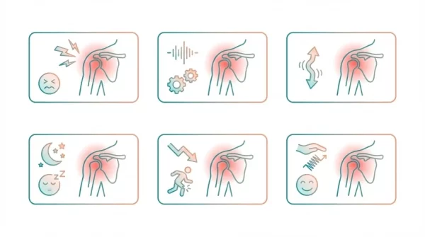 横須賀市の投球時の肩の痛みやクリック音など、SLAP損傷でみられやすい症状を示すアイコン図