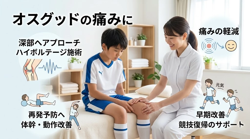 横須賀市でオスグッドに対するハイボルテージ施術の特徴を伝えるヒーロー画像