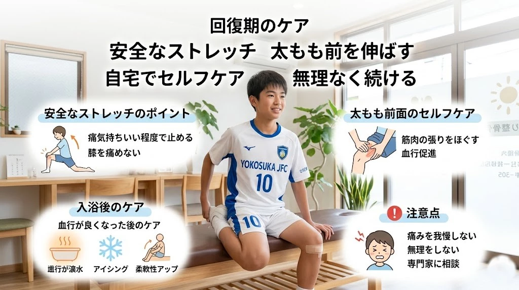 横須賀市でオスグッドの回復期に行う安全なストレッチとセルフケアを紹介するヒーロー画像