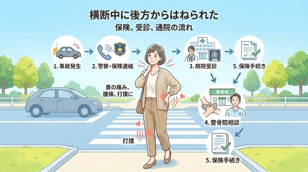 横須賀市で横断中に後方からはねられた後の通院と保険の流れを紹介するヒーロー画像