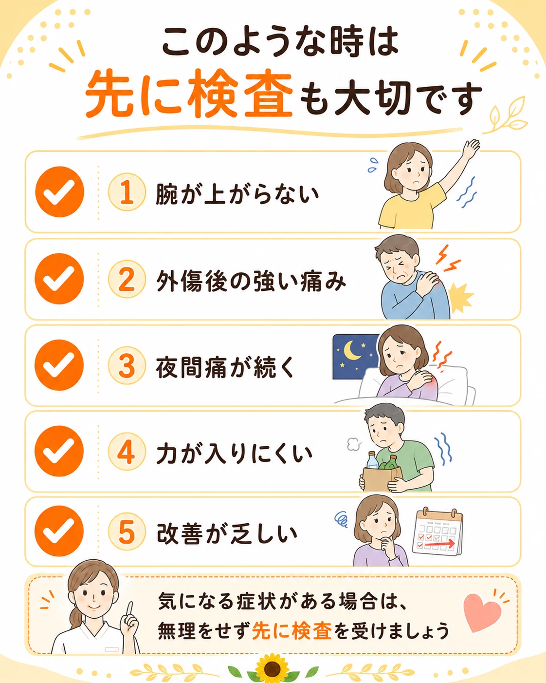 回旋腱板損傷で医療機関に確認したいサイン 回旋腱板損傷で腕が上がらないほどの脱力、外傷後の強い痛み、夜間痛が続く時の注意サインを示す画像