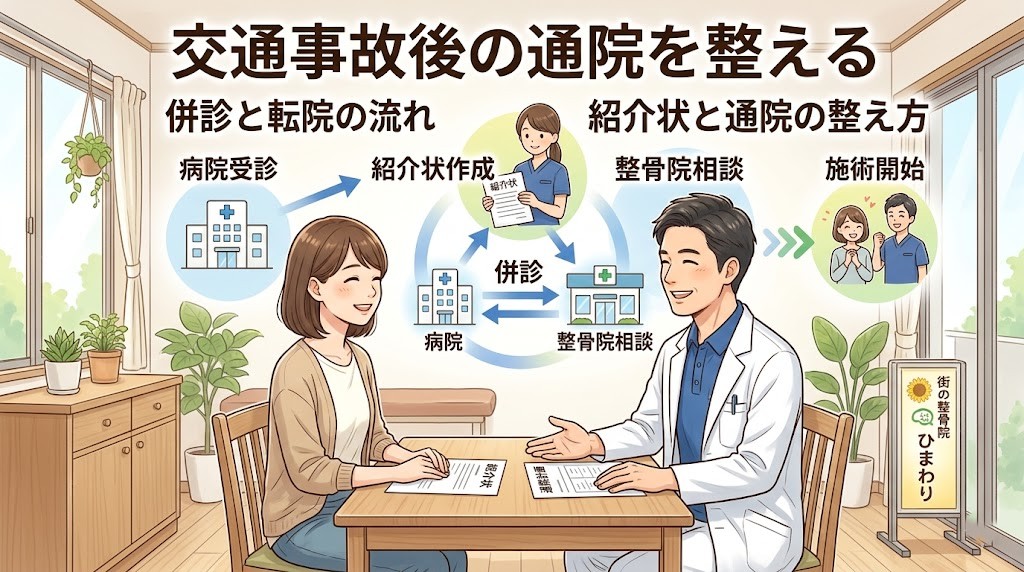 横須賀市で交通事故後の併診と転院の流れを解説するアイキャッチ画像