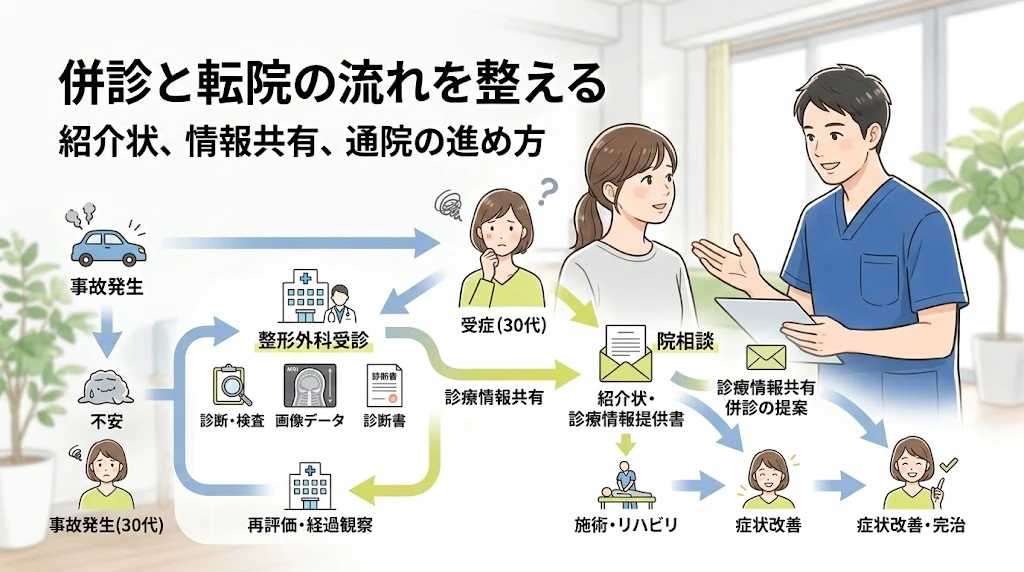 横須賀市で交通事故後の併診と転院の進め方を紹介するヒーロー画像
