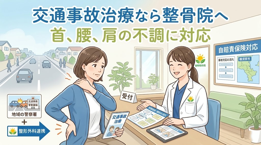 横須賀市で交通事故治療なら整骨院へと案内するアイキャッチ画像