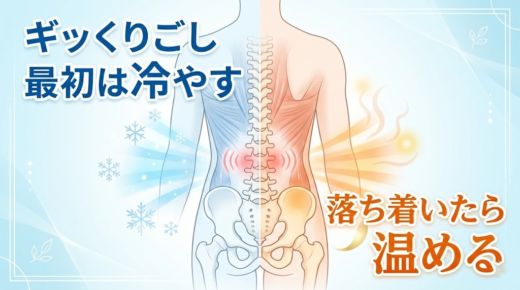 ぎっくり腰の温冷の使い分け目安 横須賀市でぎっくり腰の冷やす時期と温める切り替え目安を伝えるヒーロー画像