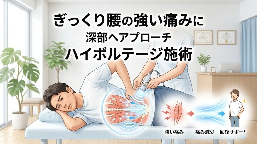 横須賀市でぎっくり腰の急性期に行うハイボルテージ施術の特徴を伝えるヒーロー画像