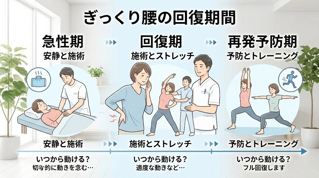 横須賀市でぎっくり腰の回復期間を急性期、回復期、再発予防期で説明するヒーロー画像