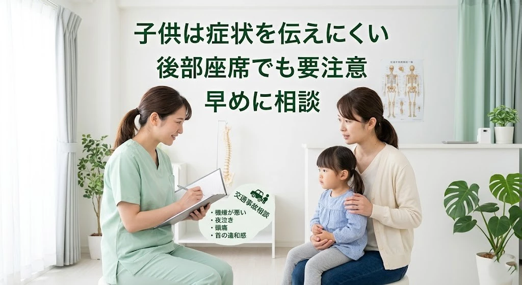 追突事故後の子供のむちうちリスクについて整骨院で相談する保護者のイメージ画像
