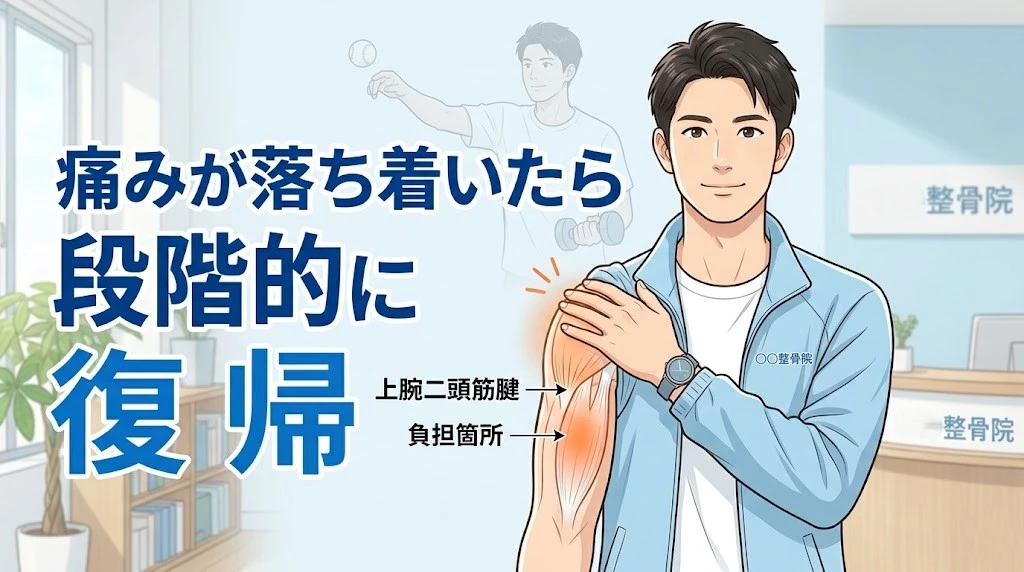 横須賀市で上腕二頭筋腱損傷の投球復帰と筋トレ再開の目安を伝えるヒーロー画像