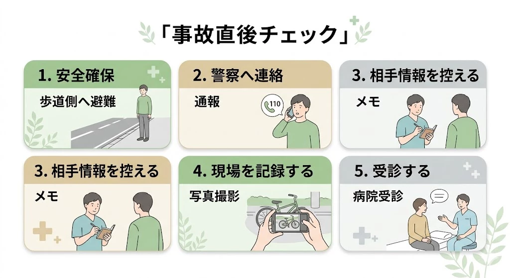 自転車事故直後の初動対応チェックリストを整理したベクター説明図