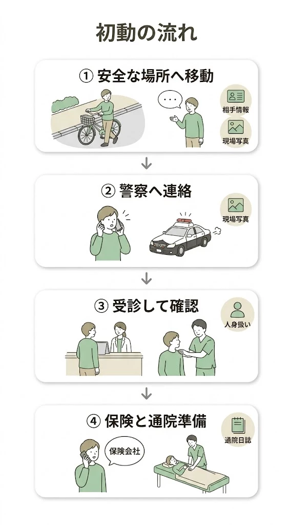 自転車事故直後の対応から受診と手続きまでの流れを整理したフロー型ベクター画像