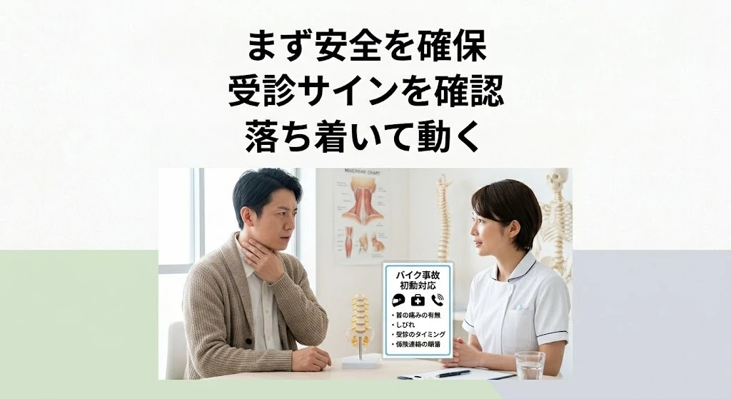 バイク事故直後の対応と受診判断について相談する男性のイメージ画像