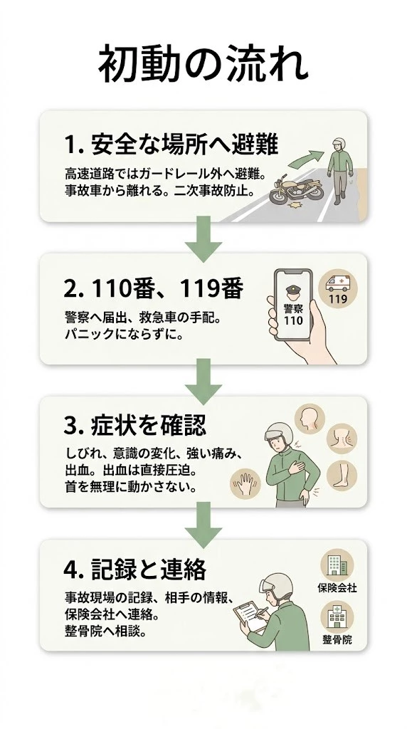 バイク事故直後の対応から受診サイン確認までの流れを整理したフロー型ベクター画像
