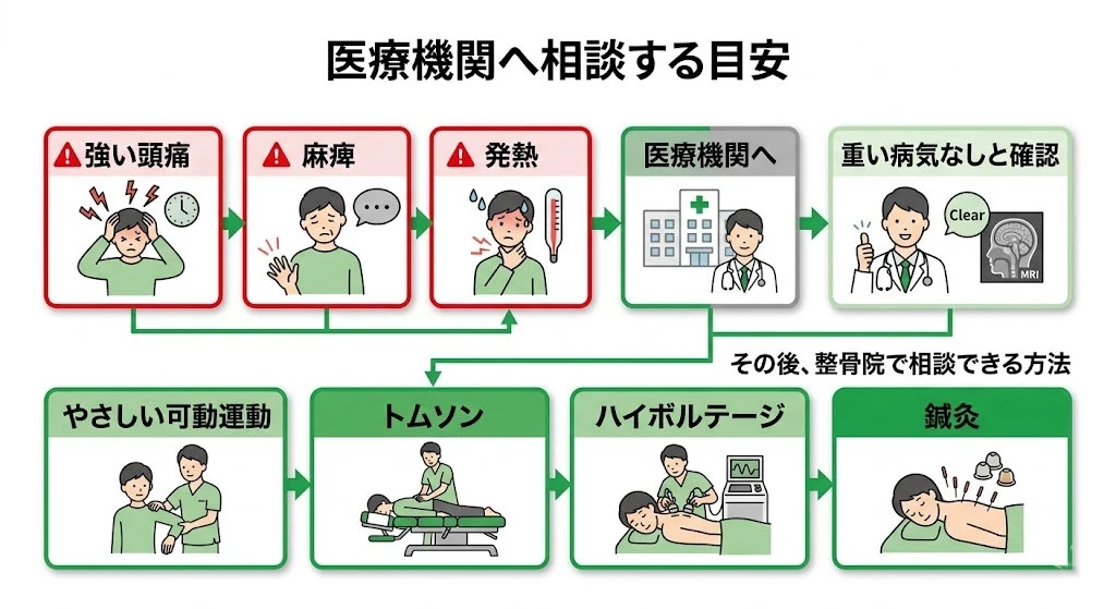 横須賀市で首由来の頭痛で確認したい危険サインと次の行動を示した図