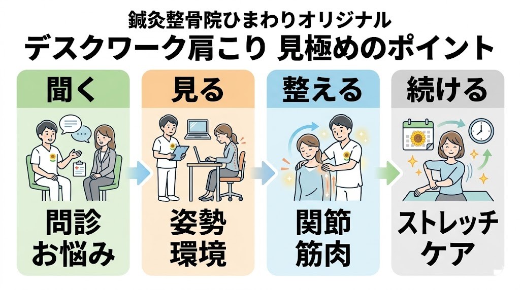 鍼灸整骨院ひまわりのデスクワーク肩こりの見極め方をシンプルに示したベクター図解