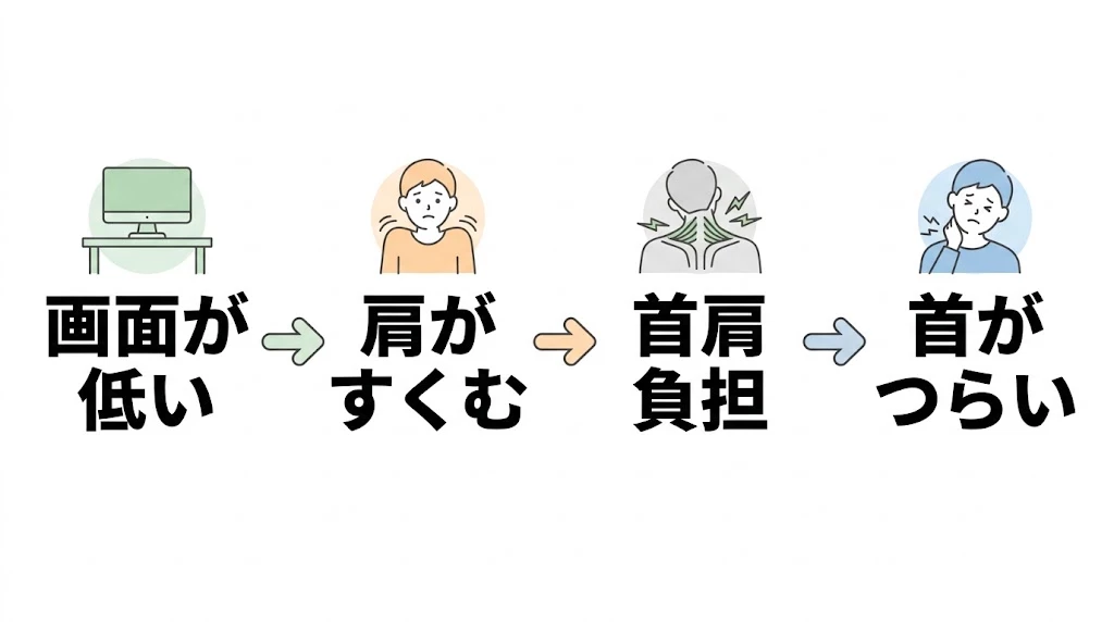 横須賀市でデスクワーク姿勢が首肩のつらさにつながる流れを整理した図解画像
