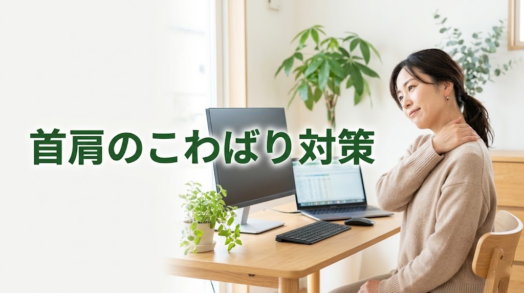 横須賀市でデスクワーク後の首肩のこわばりや寝違えのようなつらさに悩む方のイメージ
