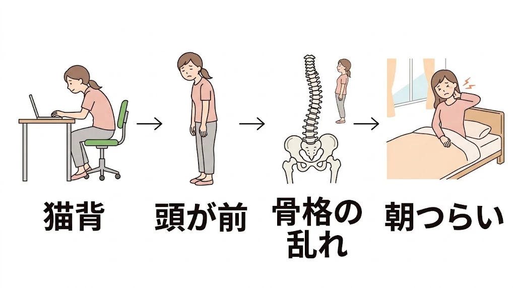 繰り返す肩こりと朝の首のつらさにつながる流れを整理した女性モチーフのベクター図解