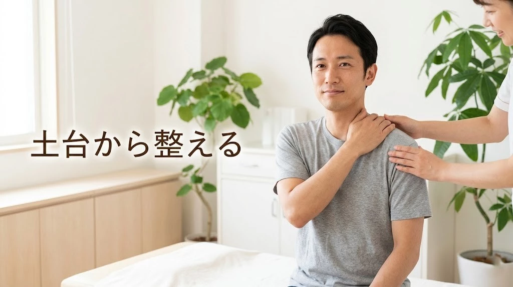 繰り返す肩こりと骨格矯正の考え方をやさしく伝える男性のヒーローイメージ