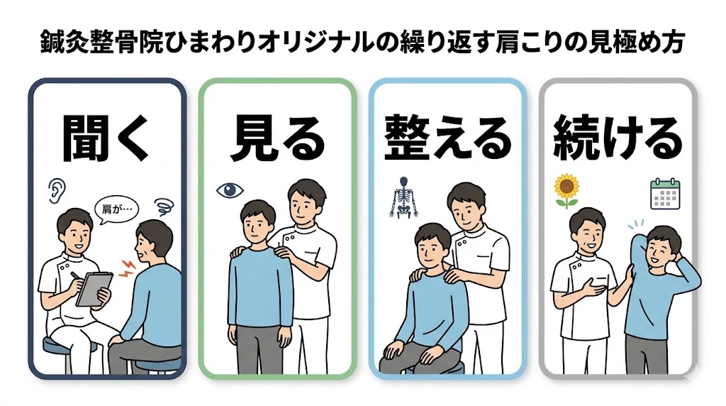 鍼灸整骨院ひまわりの繰り返す肩こりの見極め方を示した男性モチーフのベクター図解