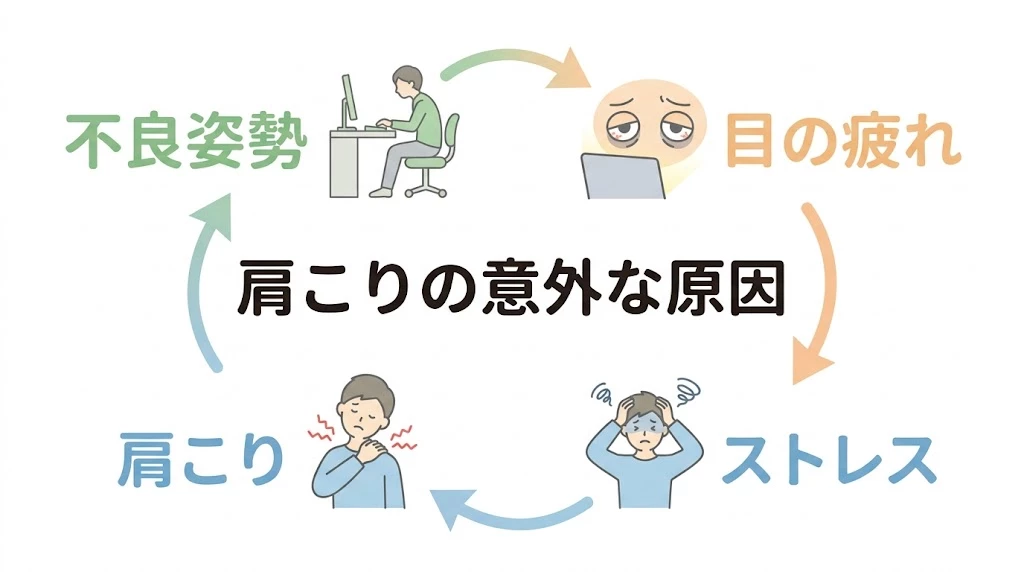 肩こりの意外な原因として姿勢とストレスをシンプルに整理したベクター図解