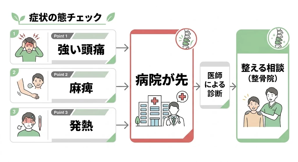 頭痛や吐き気がある時に病院受診を考えたいサインを示した図